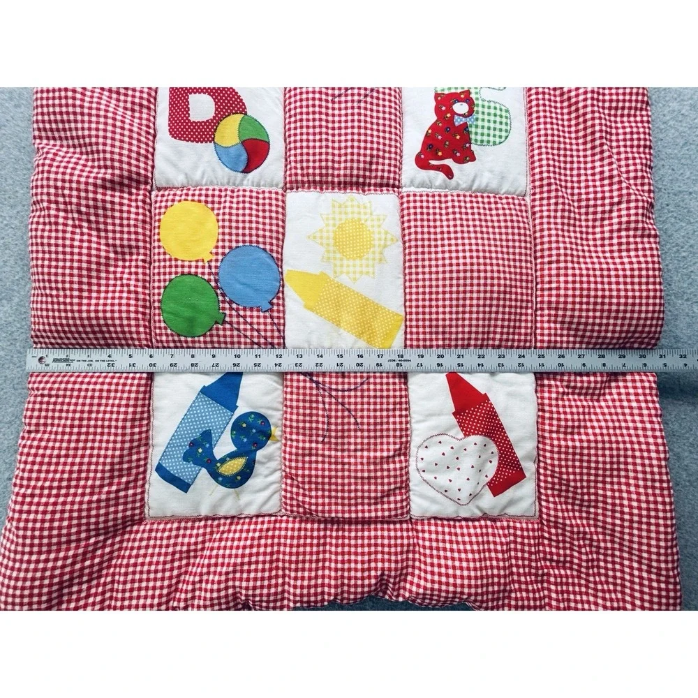 Vtg 1970s Springs Mills Baby Quilt Blanket Gingham Red ABC Crayons Union Tag